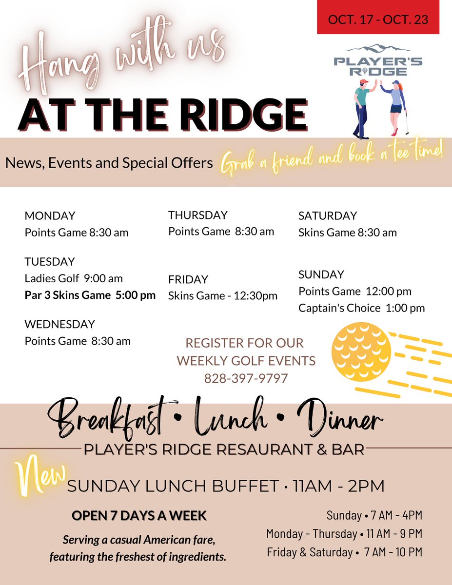 Hang with us AT THE RIDGE! Join us for everything going on, from our points game on Monday to a great dinner on Friday evening! Check it all out right here in the weekly newsletter! **New Sunday Lunch Buffet! Be sure to see our updated restaurant hours!
ow.ly/VrTT50L9zHl