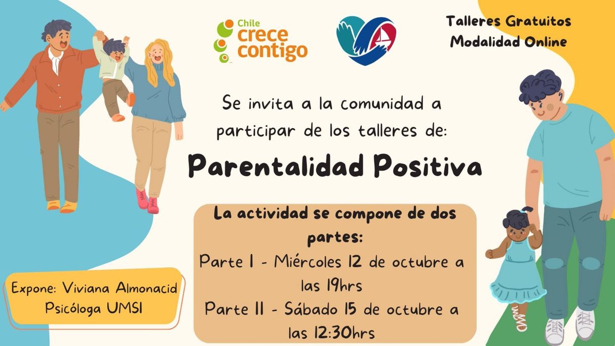 Talleres de Parentalidad Positiva 👦👧👶
sábado 15 de octubre desde las 12:30 hrs por la plataforma zoom.
🧐 us02web.zoom.us/j/81130364087?…
🧐 ID de reunión: 811 3036 4087
Código de acceso: 541149