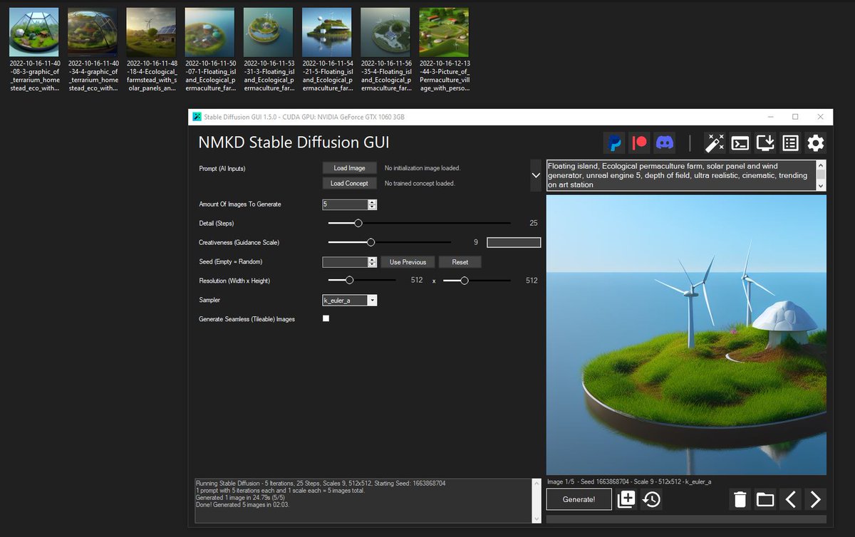 Puedo ejecutar #nmkd #stableDifusion en local con un PC de 2017, i5, 16gb ram y gráfica gtx1060 con 3gb vram. Ojo al dato <a href="/DotCSV/">Carlos Santana</a> . Explorando con <a href="/AISaturdays_ES/">SaturdaysAI 🤖👩‍💻</a> el increible mundo de la #IA generativa de imagenes .