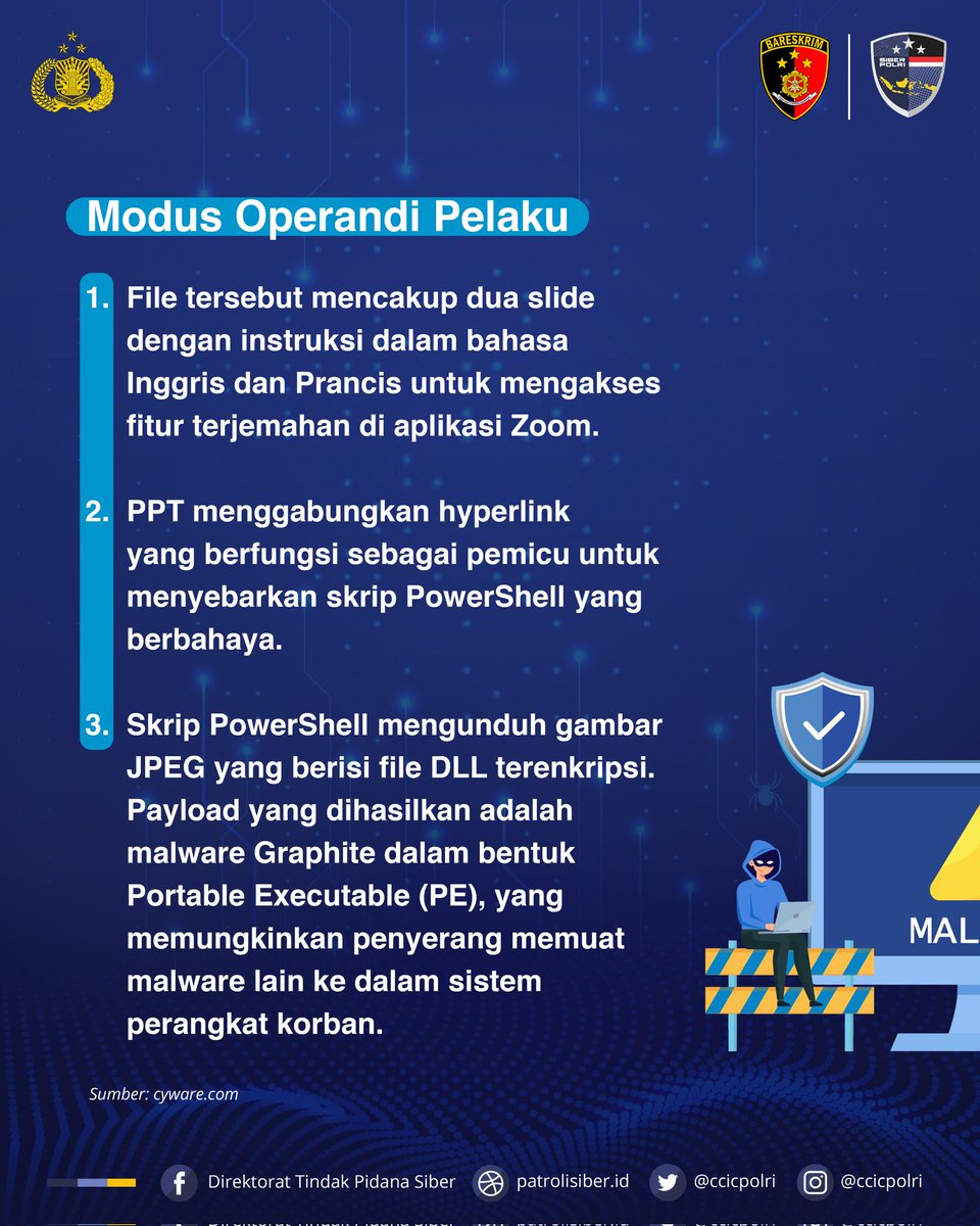 CCICPolri's tweet photo. ⚠️Waspada! Sebuah Malware Bisa Disusupkan Melalui File Power Point! 

Sebuah laporan mengungkapkan adanya sebuah kasus malware disusupkan melalui sebuah file Power Point. 

Kasus disusupkannua malware jenis Graphite tsb mengincar entitas pemerintah serta swasta.

#CCICPolri https://t.co/gNSt4XMOof
