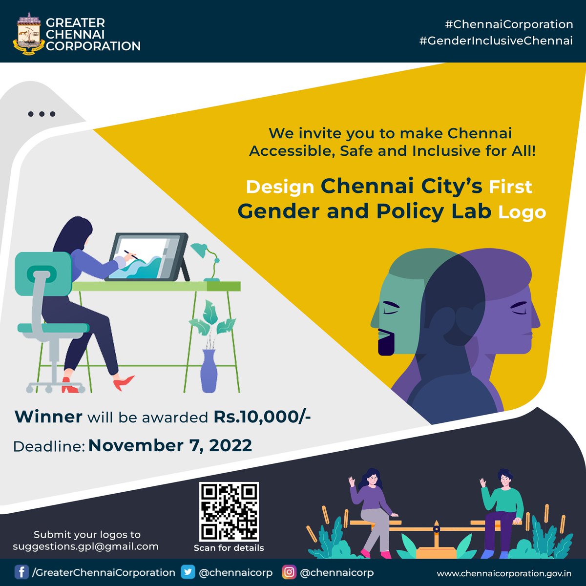 chennaicorp's tweet photo. Hey #Chennai
You can now win Rs.10000
by designing Chennai's first #GenderandPolicyLab logo. 
Scan the QR Code to know more about the competition.
Submit your logos to suggestions.gpl@gmail.com on or before 7th Nov, 2022. 
#ChennaiCorporation
#PathukappanaChennai
#NalamiguChennai https://t.co/RJRg6TSOft
