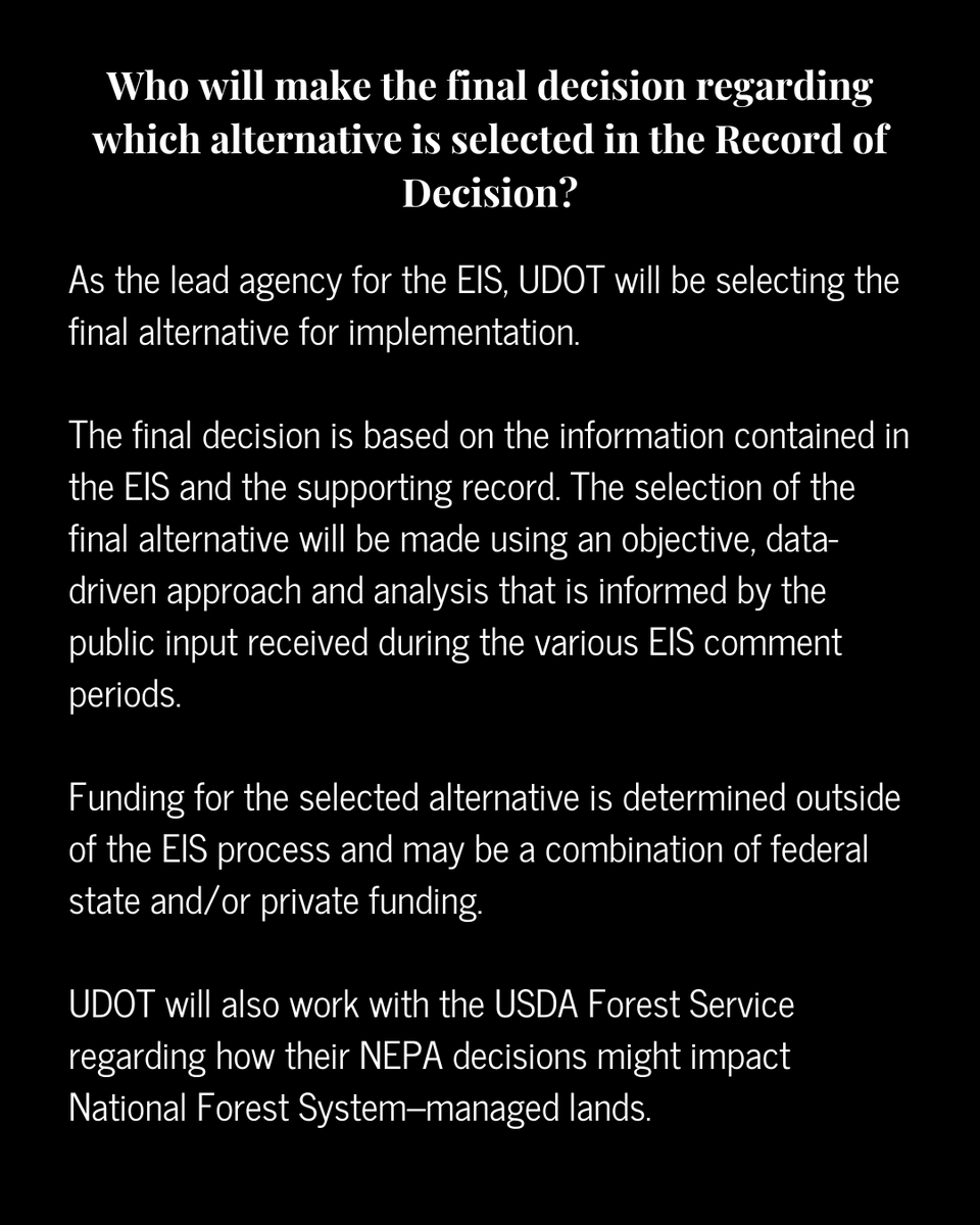 UDOTlcceis's tweet photo. Thanks to everyone who has taken time to review our info over &amp; made a formal comment. All formal comments received will be reviewed by the project team when deciding which alternatives are selected in the Record of Decision (ROD). These comments will be published in the ROD. https://t.co/hVH6p158ZZ