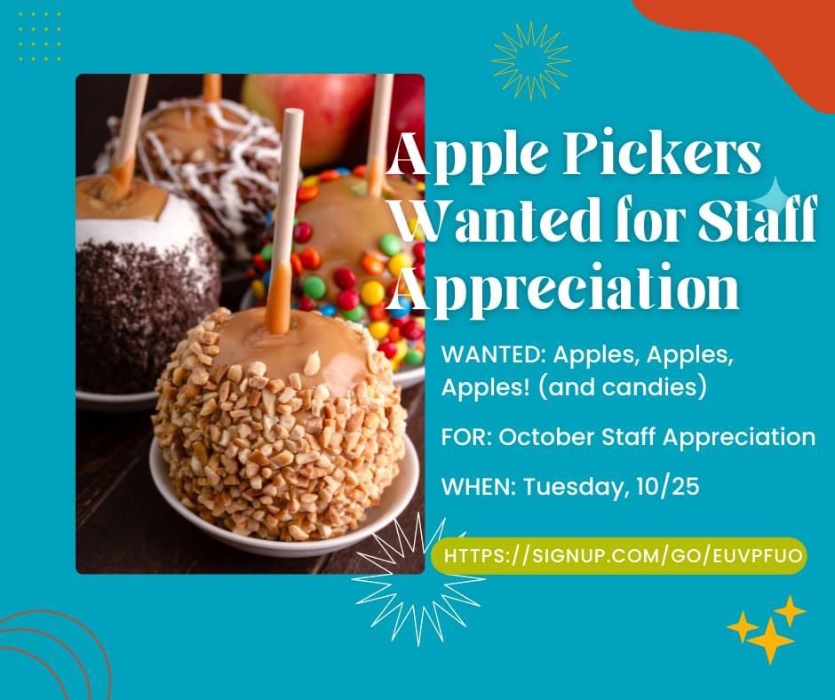 sandburg_ms_pta's tweet photo. This Oct. CSMS PTA is showing our Sandburg staff the love with a DIY Caramel Apple Bar. We need volunteers to donate food items or some time to set up for the event & make it Willy Wonka worthy! Sign up https://t.co/v0Be6pP8RQ. #csmspta #csmspantherpride #csmspanthers https://t.co/51UgNtgf3A