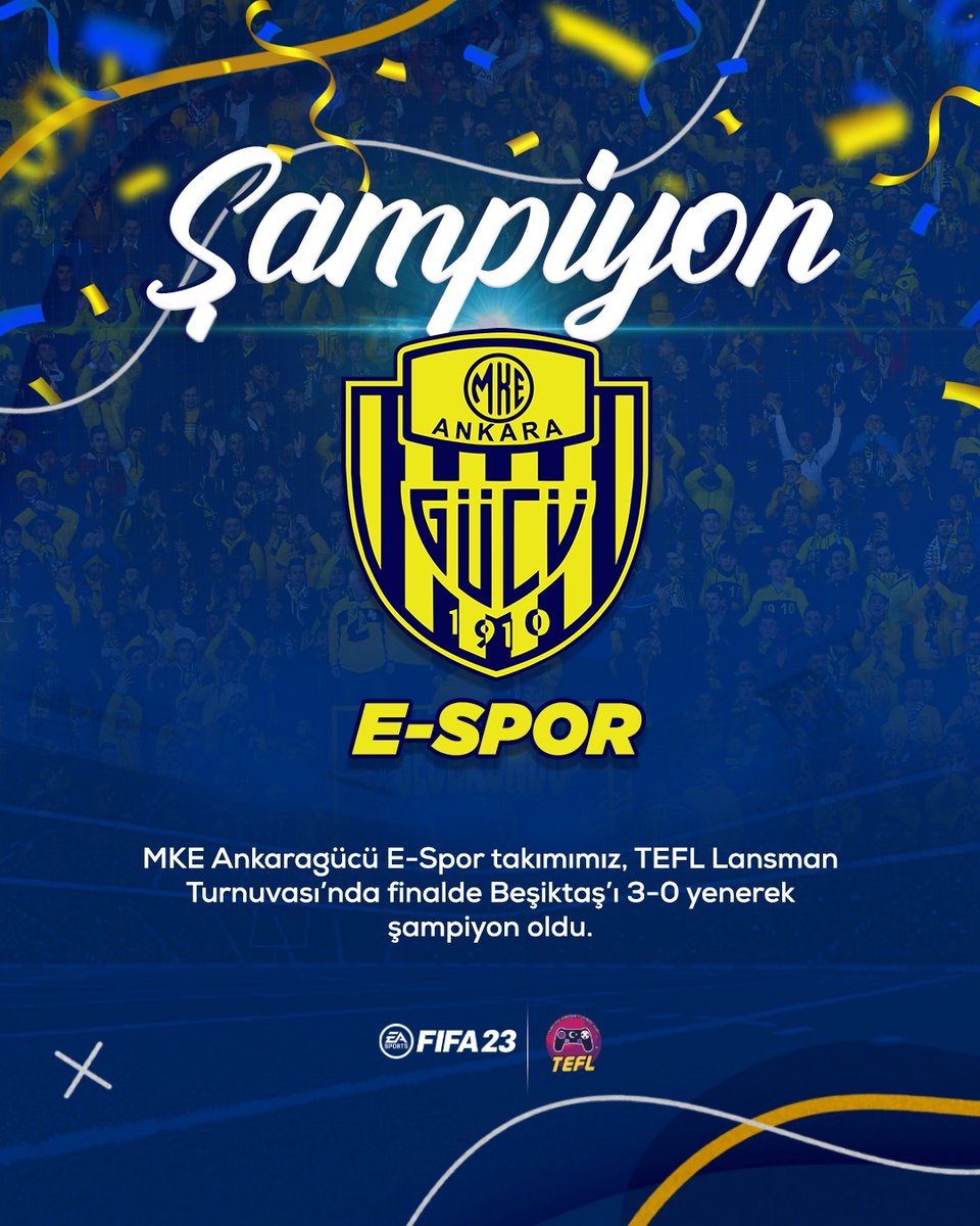 🏆 E-Spor takımımız sezona şampiyonlukla başladı.

MKE Ankaragücü E-Spor takımımız, TEFL Lansman Turnuvası’nda finalde Beşiktaş’ı 3-0 yenerek şampiyon oldu. 💛💙

#ŞampiyonAnkaragücü