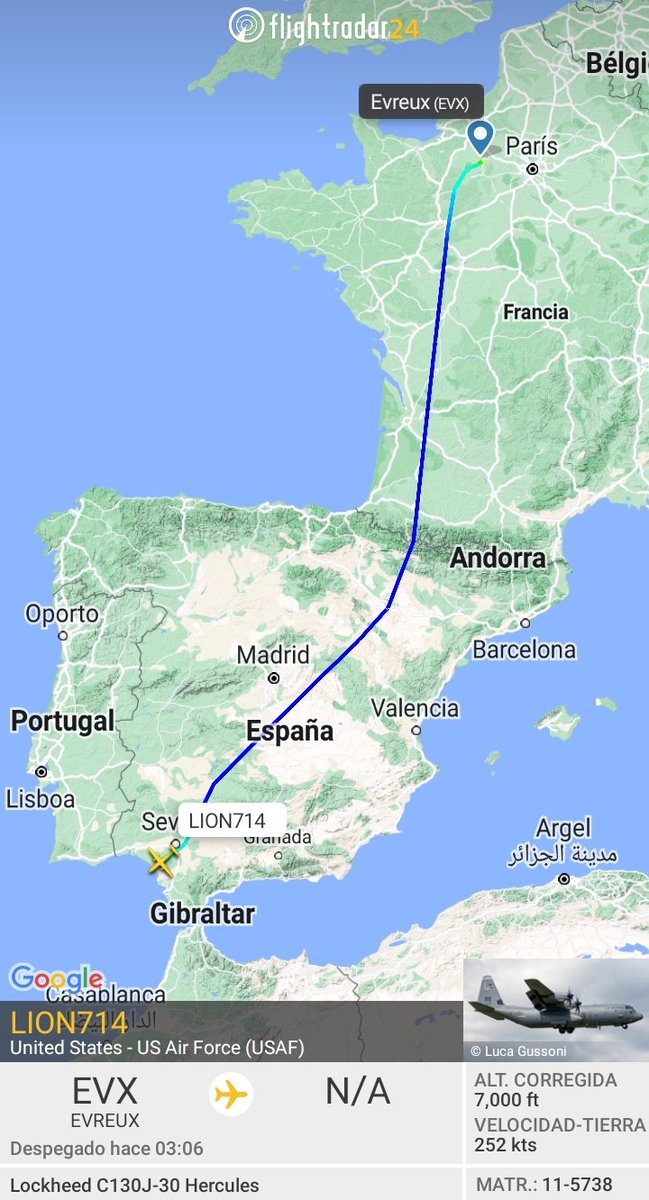 MilRadar's tweet photo. 🇺🇲 #USAF C-130J-30 Hercules 11-5738 del #37thAS desciende hacia #Rota procedente de #Evreux #Francia https://t.co/yDfk9ENZqX
