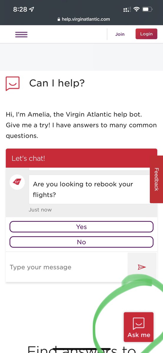 RaymondChow09's tweet photo. @VirginAtlantic This icon I circled in green? If so then it returned the same message as the chat bot https://t.co/Q5VI2wEnP0