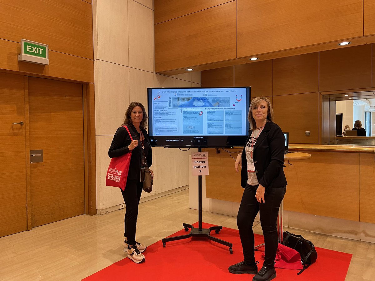 gchulilla's tweet photo. La Marta i la Gemma infermeres del servei d’onco- hemato i de l’equip de Teràpia Intrevenosa de @althaiamanresa han participat al 7è @WoCoVA a Atenes. Han presentat el poster: Update of the protocol of antithrombotic medications to be followed  prior to the insertion of catheters https://t.co/jRsd84ysdq