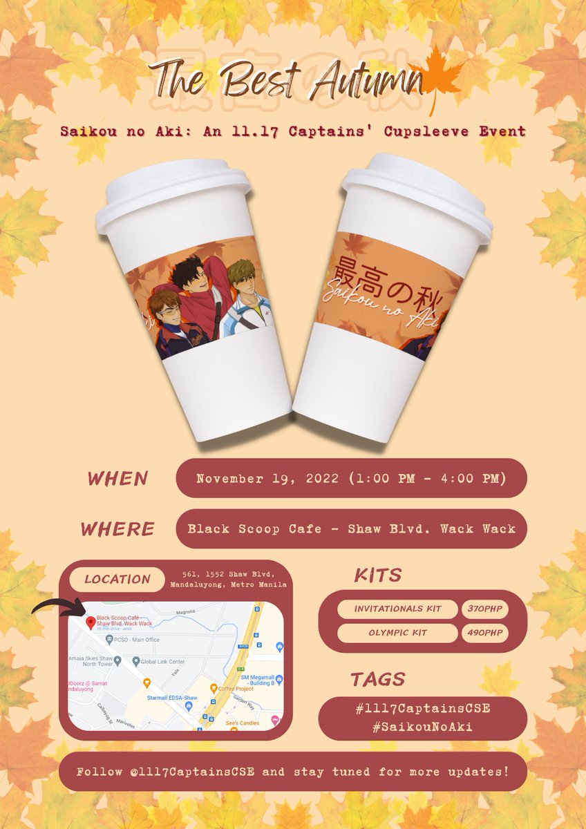 1117CaptainsCSE's tweet photo. Tomorrow marks a month until our best boys' big day, which means it's almost a month until #SaikouNoAki!✨

Here's a little sneak peak at our cupsleeve, designed by @moshmxllo!🍂 We're getting emotional over here🥺

Stay tuned for more reveals cause registration opens TOMORROW!✨ https://t.co/4ARl1HAyup