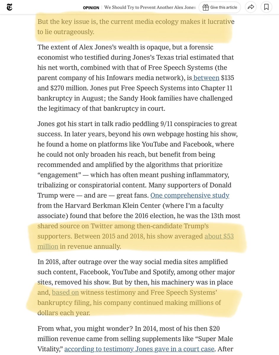 zeynep's tweet photo. Alex Jones was ordered to pay ~$1 billion for Sandy Hook lies.

But the key issue remains: It’s so easy now to make a lot of money by lying outrageously and cynically.

My piece on why we should focus on this, and the money machine, to slow this onslaught.
https://t.co/LQ1g4NWAXH https://t.co/ZJp4qh0gO1