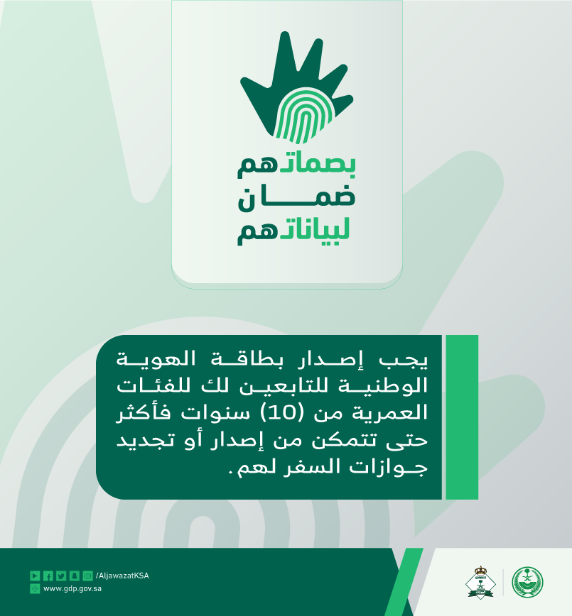AljawazatKSA's tweet photo. يجب إصدار بطاقة الهوية الوطنية للتابعين لك للفئات العمرية من (10) سنوات فأكثر حتى تتمكن من إصدار أو تجديد جوازات السفر لهم. #بصماتهم_ضمان_لبياناتهم https://t.co/b2cfZQn8PI