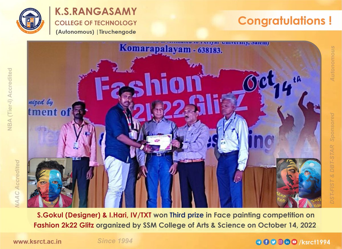ksrct1994's tweet photo. S.Gokul (Designer) & I.Hari, IV/TXT of K.S.Rangasamy College of Technology #ksrct1994 won won #Thirdprize in #Facepainting competition on "Fashion 2k22 Glitz" organized by SSM College of Arts & Science on October 14, 2022 https://t.co/O5V14rKGn9