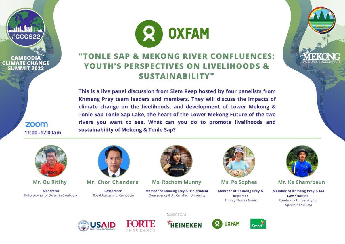 OxfamKH's tweet photo. #OxfamKH #KhmengPrey organize #YouthKH talk on "#TonleSap and #Mekong River Confluences: Youth's Perspectives on Livelihoods and Sustainability" in #SiemReap on October 19th during the Cambodia Climate Change Summit 2022 #CCCS22 https://t.co/iUg8DU8K28