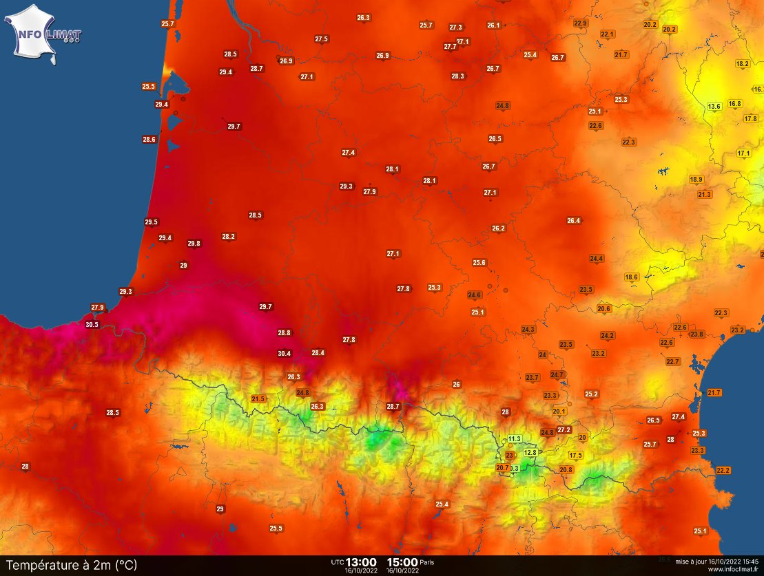 30 à 31°C en sud Aquitaine et ouest Occitanie ce dimanche, c'est près de 10°C supérieur aux normales de saison du secteur. 
Les records mensuels sur cette zone datent pour la plupart de début octobre (souvent 1985 ou 2004). #chaleur 