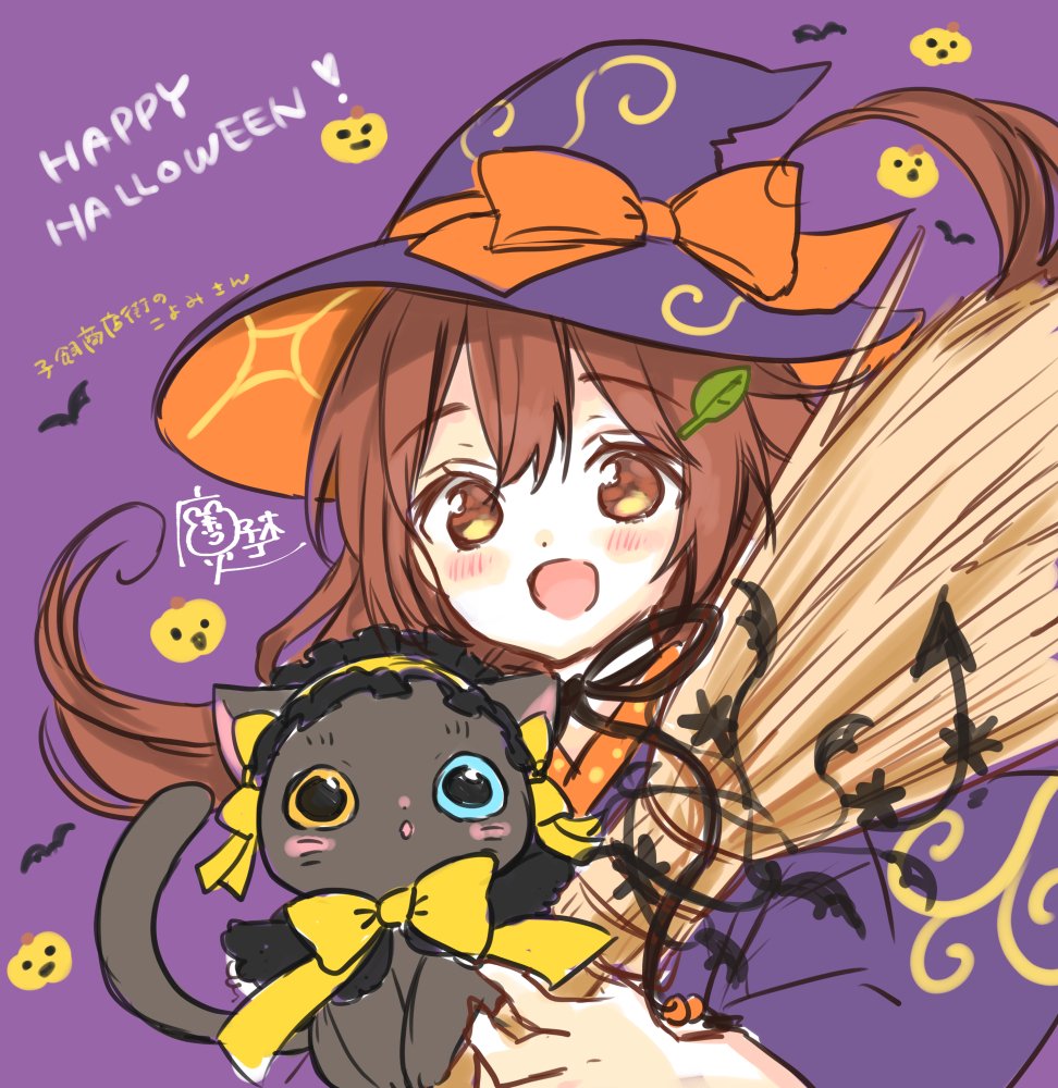 1girl hat witch hat cat brown hair broom black cat  illustration images