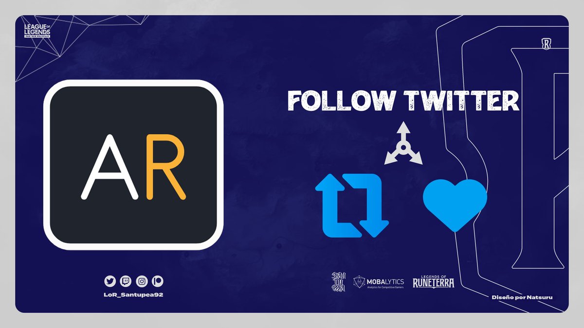 New giveaway! / ¡Nuevo sorteo!

1⃣ → Follow @LoR_Santupea92 &amp; <a href="/Runeterra_ar/">Runeterra AR 🔳</a>
2⃣ → 🔁&amp;❤️
3⃣ → Tag two friends. All three will have prizes. / Etiqueta dos amigos. Los tres tendrán premios.

💰 3 Runeterra AR PLUS

🗓️ November 16th / 16 de noviembre

#LoR #LegendsOfRuneterra