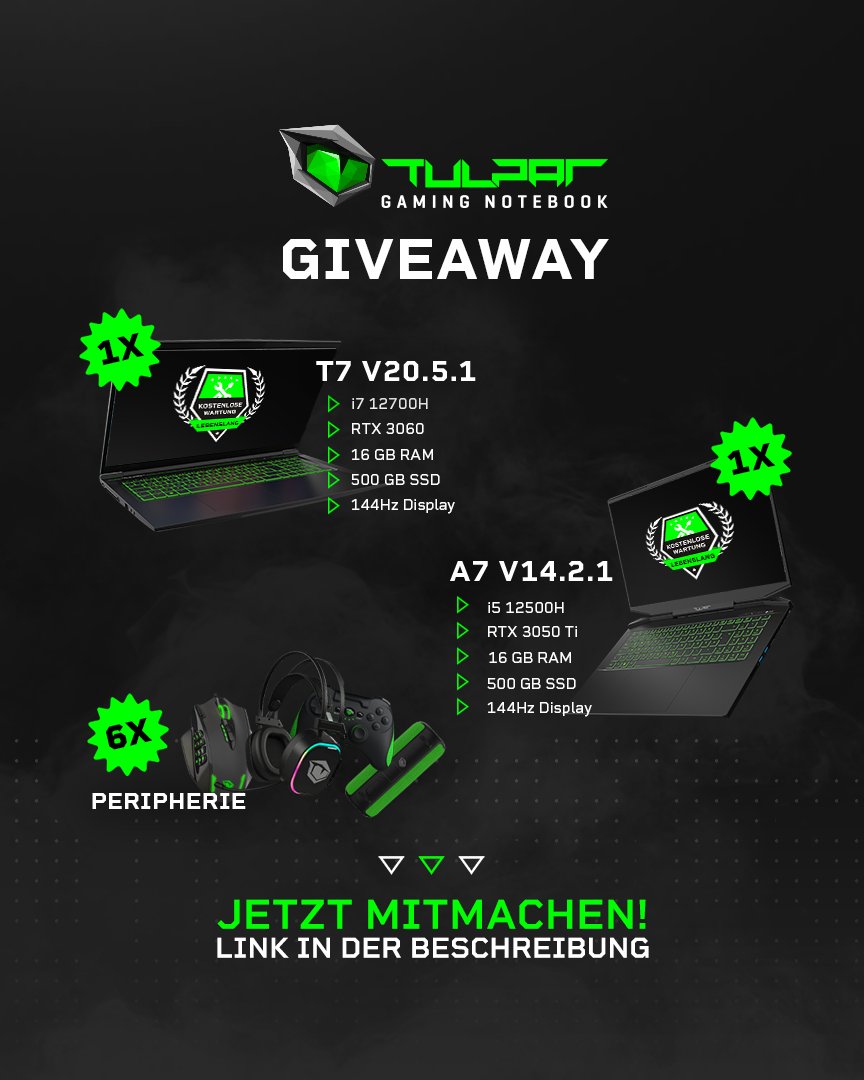 🎁TULPAR GIVEAWAY🎁

Sicher dir jetzt deine Chance auf einen brandneuen Gaming-Laptop und jede Menge Peripherals. 

Einfach auf folgenden Link klicken und Entries sammeln
👉gheed.com/giveaways/g-l2…👈

Viel Glück!🍀

#tulparnotebook