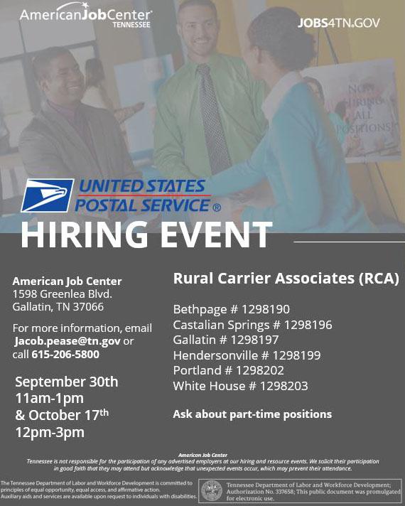 WF_Essentials's tweet photo. The USPS is holding a hiring event in Gallatin on October 17! Details are below.
#workforceessentials #tnjobs https://t.co/yK3bUOgzio