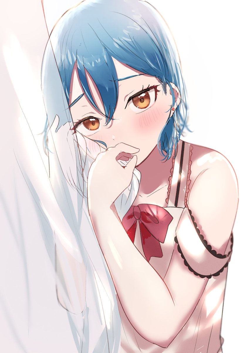 1girl solo blue hair looking at viewer curtain grab blush short hair  illustration images