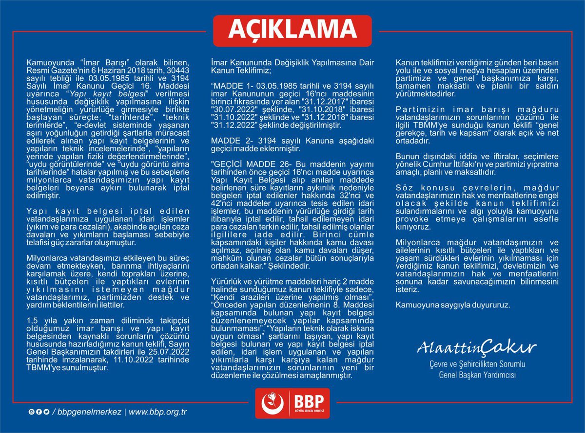 📍İMAR AFFI
<a href="/Mustafa_Destici/">Mustafa Destici</a> #İmarbarışı kapsamında #Yapıkayıtbelgesi almış milyonlarca mağdur ailenin yanlarında olmaya, TBMM’deki sesleri olmaya çalıştık. Sicilleri bozuk sosyal medya ve siyaset simsarlarının çirkin iftiraları bizi mağdur ailelere destekten vazgeçiremeyecektir