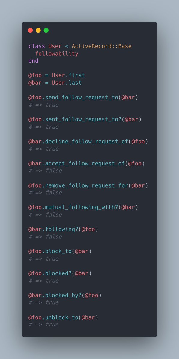 nejdetkadirr's tweet photo. Hi everyone.
I created a ruby gem for implementing the social network followable functionality for Active Record models.
It's supports all following and blocking operations. ๐
Github repository: https://t.co/B8sQuaSV4v
#rails #ruby #active_record #followable #rubygem https://t.co/YbRqW0HZqu