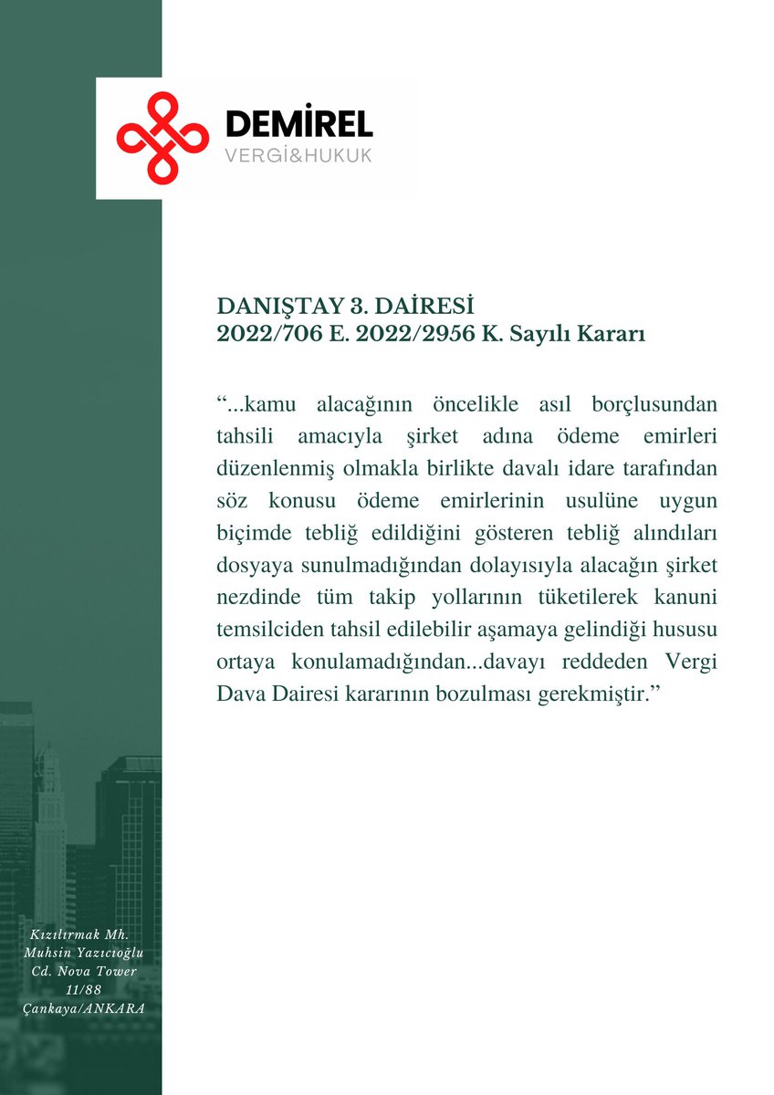 Kamu alacağının kanuni temsilciden tahsili için şirket nezdinde tüm takip yollarının tüketilmesi gerekir.

#vergi #kanunitemsilci #ltd #anonimşirket #vergihukuku