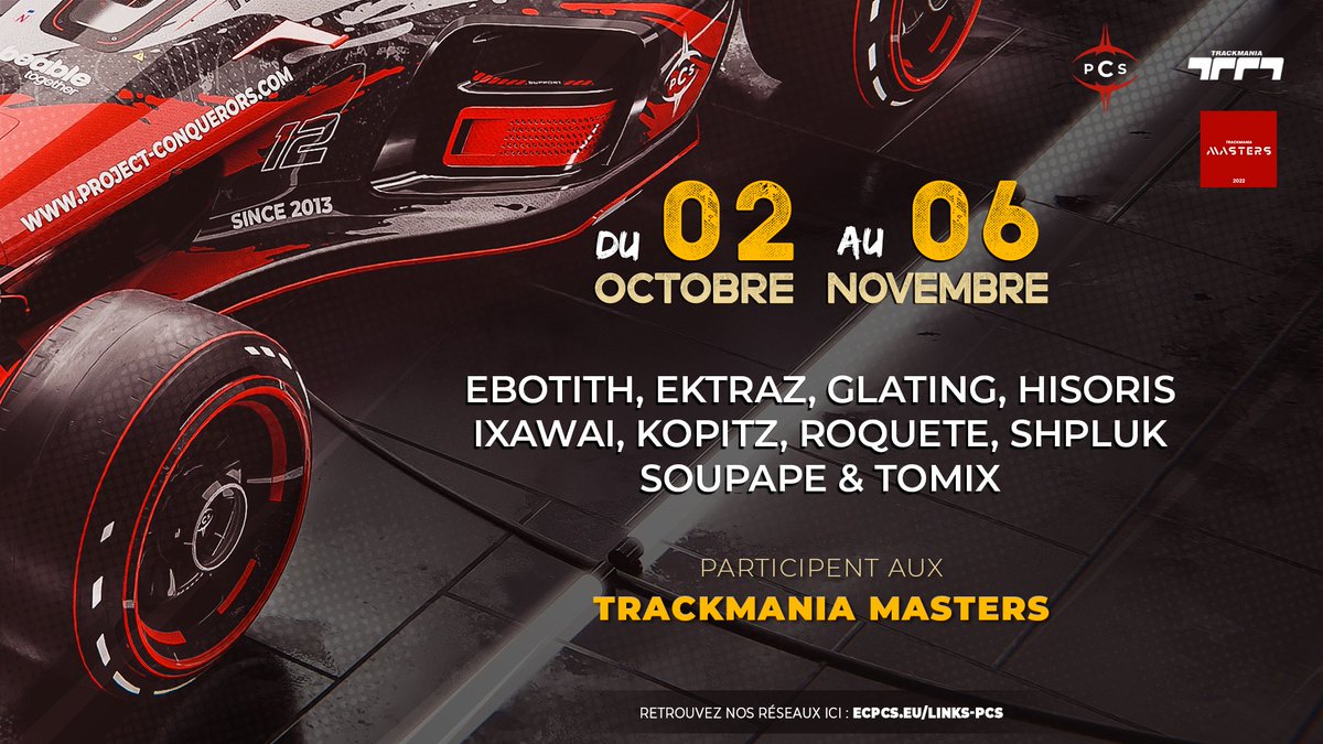 🔴| #TRACKMANIA MASTERS |⚫

🏆Suite des <a href="/TMM_TC/">Trackmania Masters 2022</a> pour notre équipe !

➡️ 18h30 vs <a href="/Zephyr_E_Sport/">Zephyr Esport</a> 
➡️ 19h15 et 20h, nous connaîtrons les adversaires plus tard 👀

📺Casté par <a href="/hugoleplot/">PLOT 🔴🎙</a>
pcs-tv.com

Ça promet une belle soirée ! 🤩

🤝 @esg_sport
#esport #PCSFAMILY