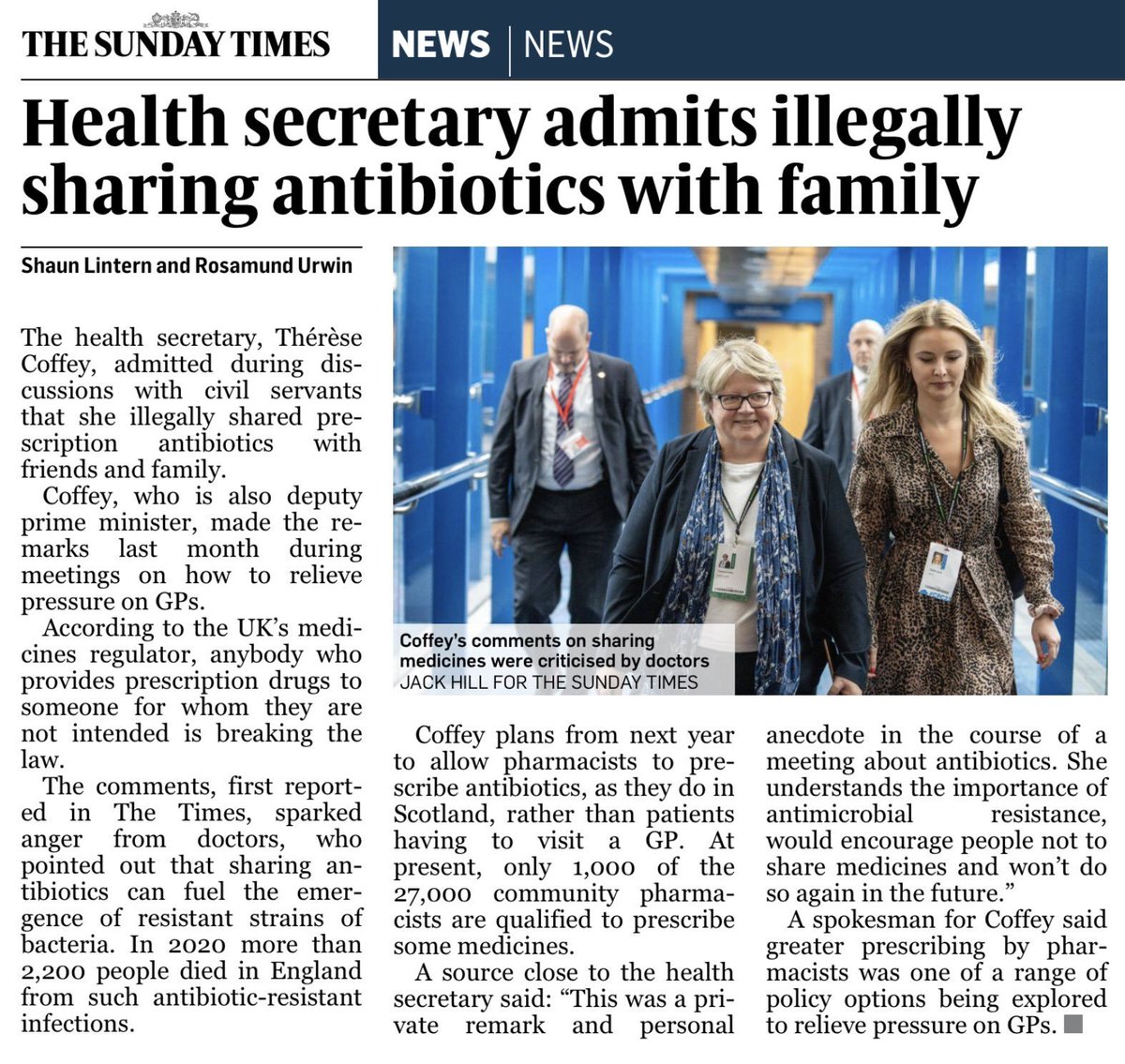 <a href="/theresecoffey/">Thérèse Coffey</a> Thérèse Coffey is the Health Minister.
Under her department's guidelines &amp; the Medicines and Healthcare Products Regulatory Authority (MHRA) it's illegal to share prescription drugs.
So the question must be why hasn't she resigned?
