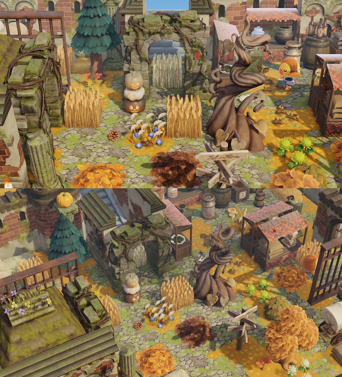 cozydalia's tweet photo. molly’s a strange little duck… she likes to water the plants in the market, despite it being abandoned for quite some time. the other village residents don’t question her actions🌾

#acnh #animalcrossing #acnhdesign https://t.co/lzf4eBckVs