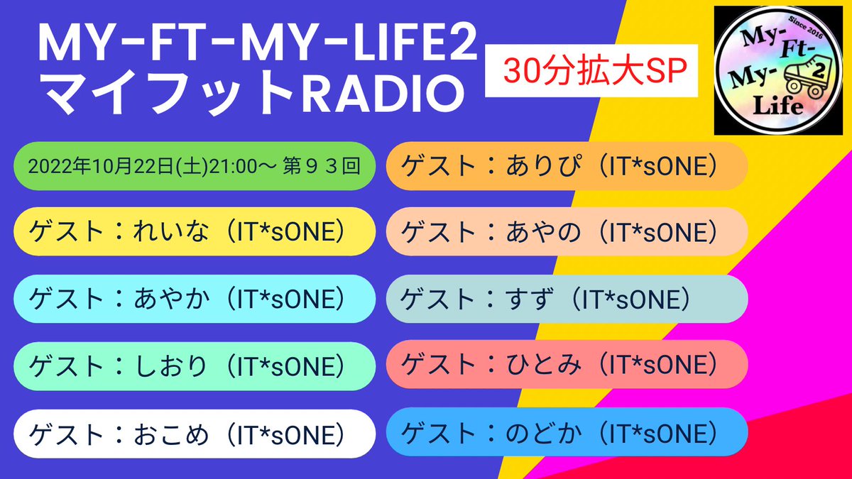 myftmylife's tweet photo. 🛼お知らせ🛼
『My-Ft-My-Life2 マイフットRADIO（第９３回）３０分拡大ＳＰ』

■開催日時
10月22日(土)21:00〜23:00

■開催場所
マイフットRADIOアカウント（@MyFtMyLife2CH）

■ゲスト
IT*sONE（れいな、あやか、しおり、おこめ、ありぴ、あやの、すず、ひとみ、のどか）

#ITsONE
#マイフット https://t.co/jB38FXfsVh