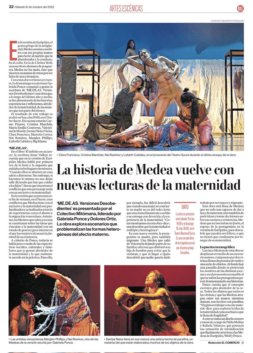 Escribí sobre ME.DE.AS. una nueva versión de la tragedia de Eurípides escrita por Gabriela Ponce. La última función de la primera temporada es hoy, a las 16:00, en el <a href="/TeatroSucreQ/">Fundacion Teatro Nacional Sucre</a>
