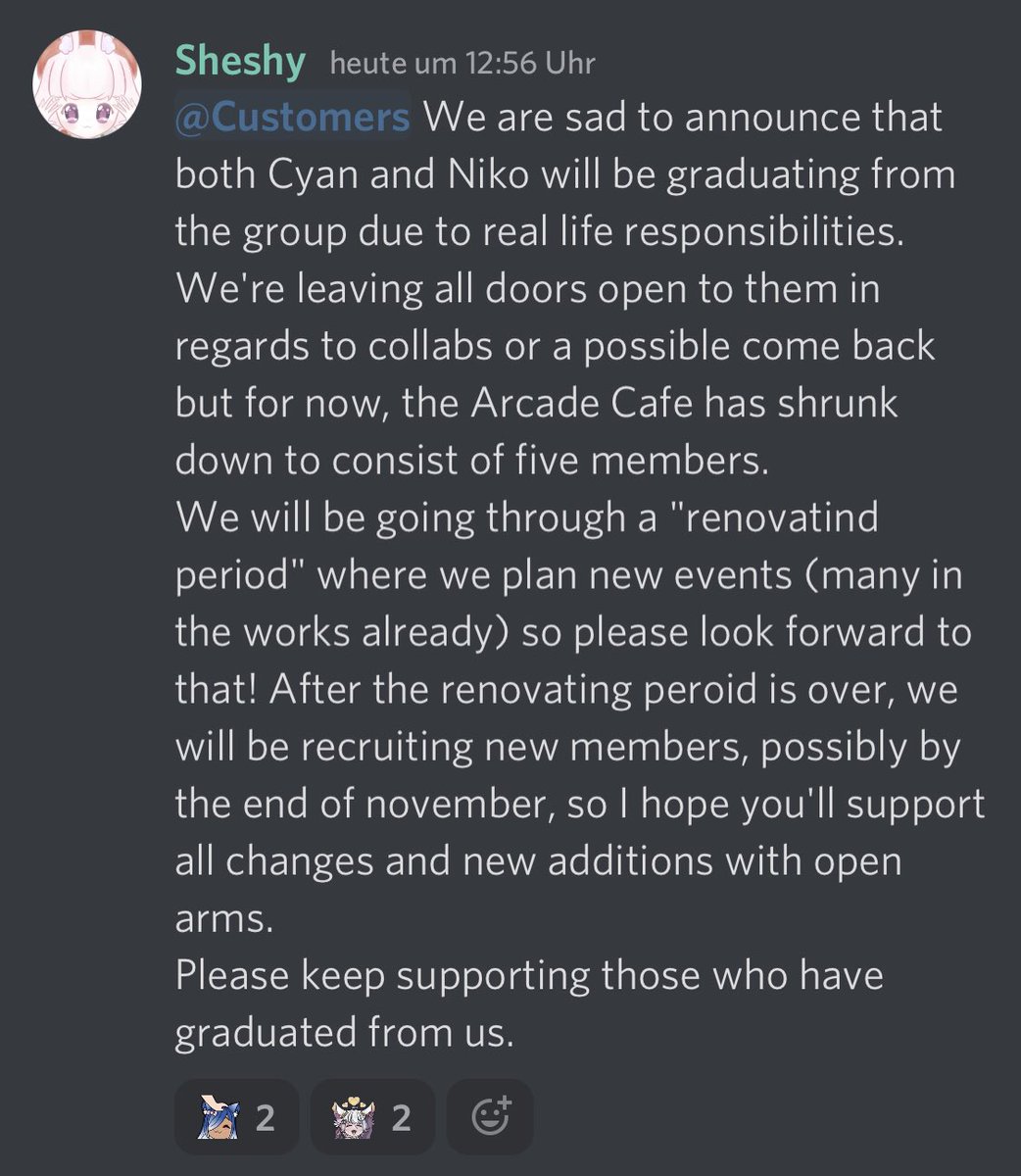 ArcadeCafeVT's tweet photo. We’re sad to see both @Cyannica1 and @NikoIsntSmart graduating from the group.

We will go on „renovating time“ for a few weeks to re-plan and re-group with the remaining members.

Big changes are happening. We‘ll be back energetic like coffee beans very soon! https://t.co/sMN4C8Hs0u