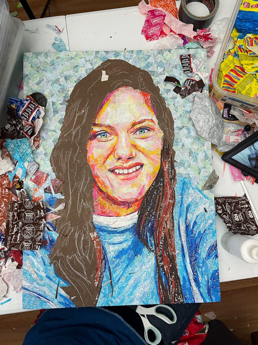 popwrapart's tweet photo. Progress on the #portrait. Happens to be the daughter of my wife’s boss. Unlike iconic pop culture, not as much wiggle room. #nopressure #candywrappers #wip https://t.co/nEJE1g1fgj