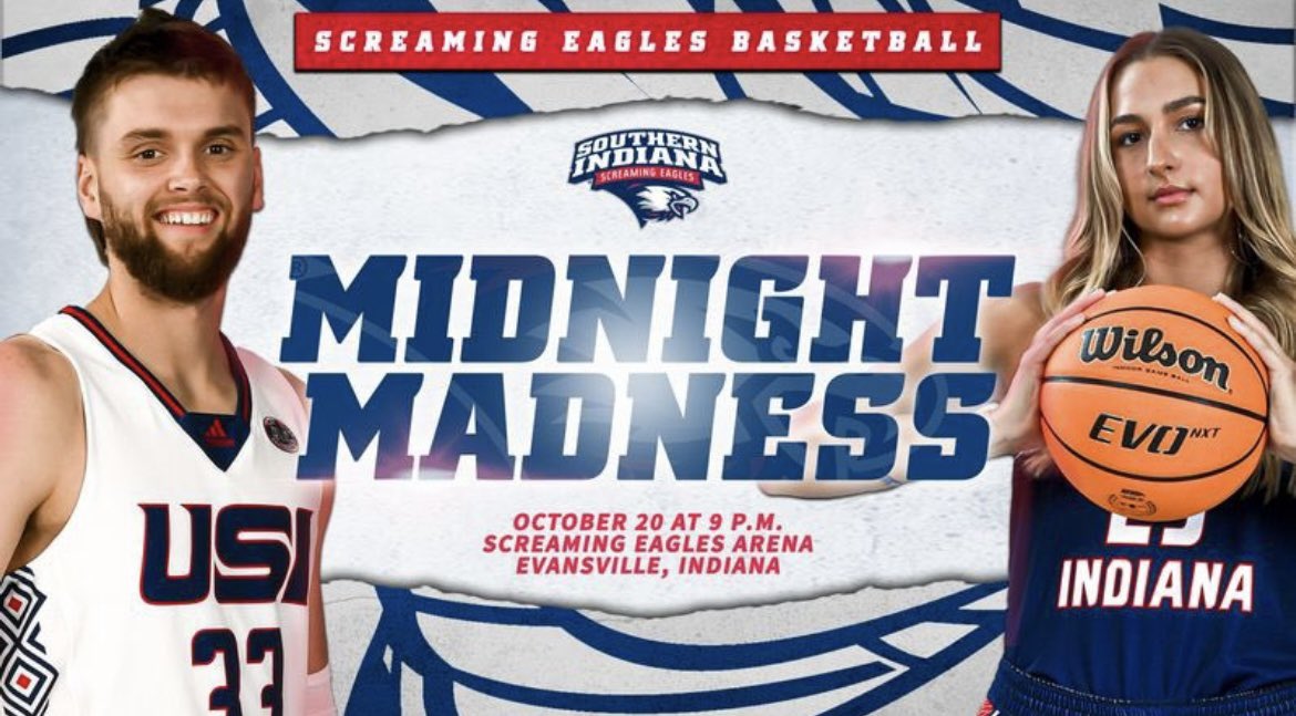 USI_Basketball's tweet photo. @USIedu WE NEED THE SCREAMING EAGLES ARENA PACKED! This Thursday at 9pm, we will host our Midnight Madness! 3pt Shooting Contest, Dunk Contest, and student prizes! Come out and check our squad out! You are not going to want to miss this! https://t.co/Bjjj7flFGL