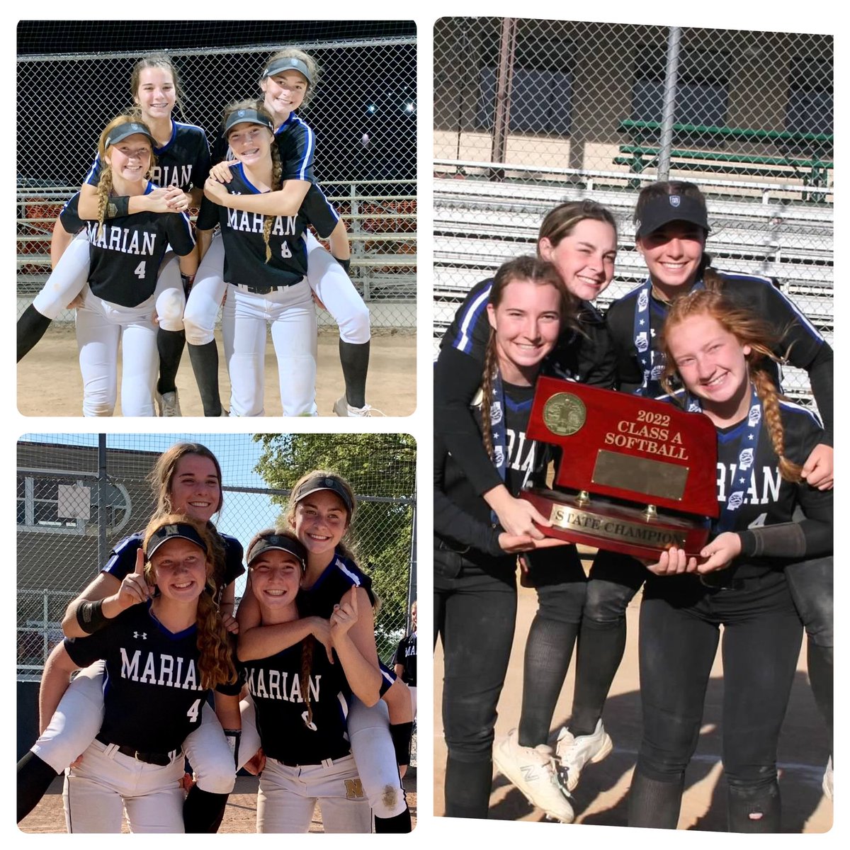 CrusadersSball's tweet photo. As these Seniors sign off, we thank them for their contributions to Marian Softball! Each came up BIG at State to take home the 🏆 The last 2 games, they had 5 RBIs, 3 💣💣💣 &amp; insane play at home to win it all! 
💙#1 #3 #4 #8💙@payton_kincaid @emma_humpal13 @GroffRylinn @MaddiaG https://t.co/bVWbbadAa7