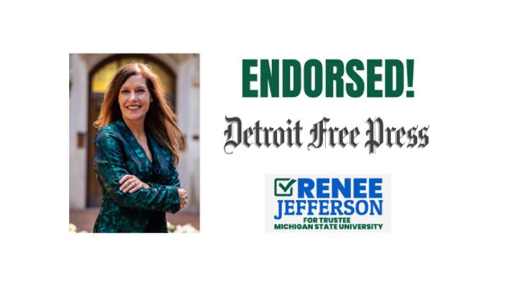 Trustee Renee Knake Jefferson (@msujefferson) on Twitter photo Endorsement News!
Detroit Free Press -
MSU Board of Trustees
“An attorney and former MSU law professor, Jefferson has specialized in legal ethics and gender equity, a toolkit MSU desperately needs.”
<a href="/freep/">Detroit Free Press</a> #MSU #VoteRenee #MichiganState #Election2022
freep.com/story/opinion/… Endorsement News!
Detroit Free Press -
MSU Board of Trustees
“An attorney and former MSU law professor, Jefferson has specialized in legal ethics and gender equity, a toolkit MSU desperately needs.”
<a href="/freep/">Detroit Free Press</a> #MSU #VoteRenee #MichiganState #Election2022
freep.com/story/opinion/…