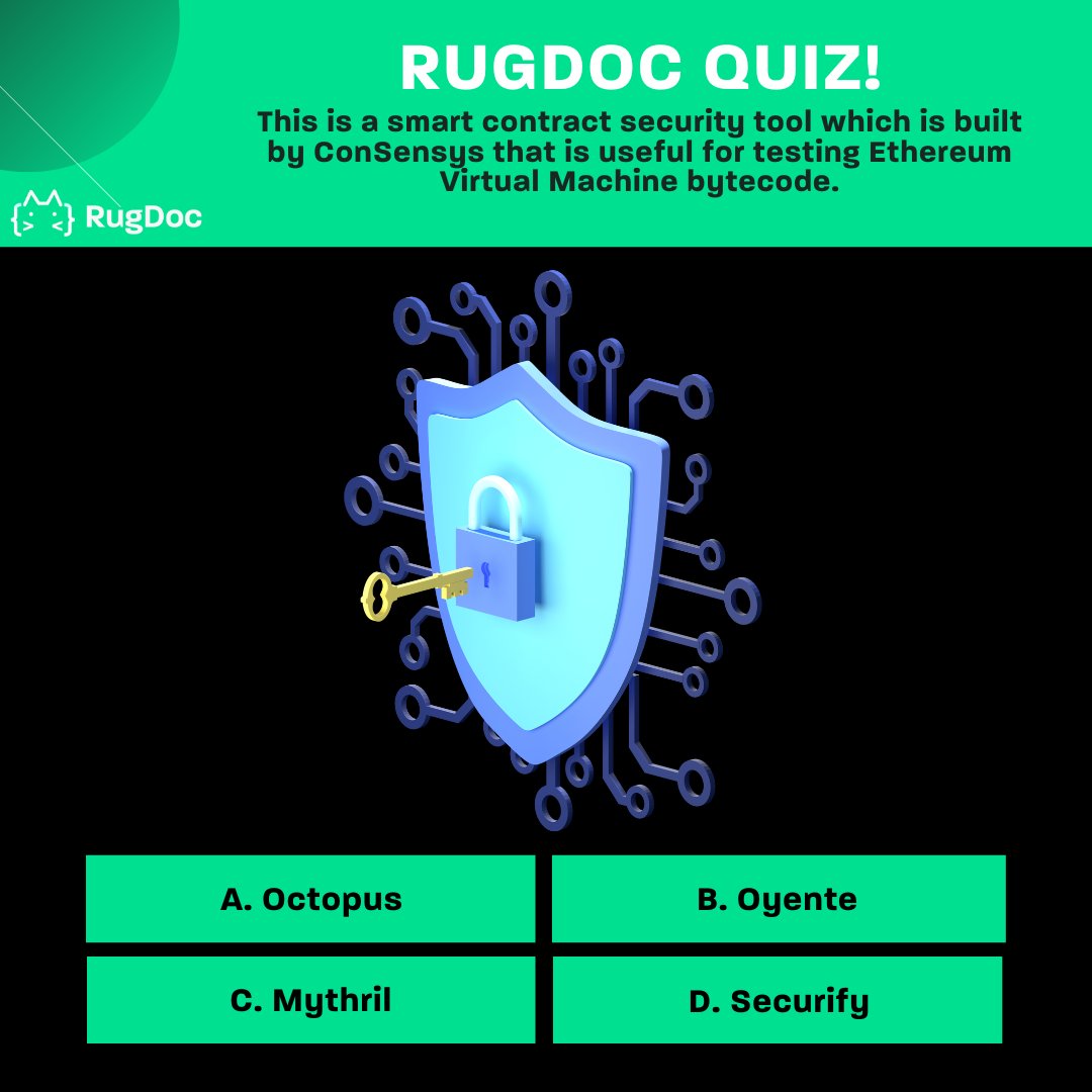 RugDocIO's tweet photo. Let's end the week with another episode of #RugDocQuiz. Test your smart contract wit by answering this question:
This is a smart contract security tool which is built by ConSensys that is useful for testing Ethereum Virtual Machine bytecode.
Comment down!
#rugdoc #defi https://t.co/KtvFBHxzbD