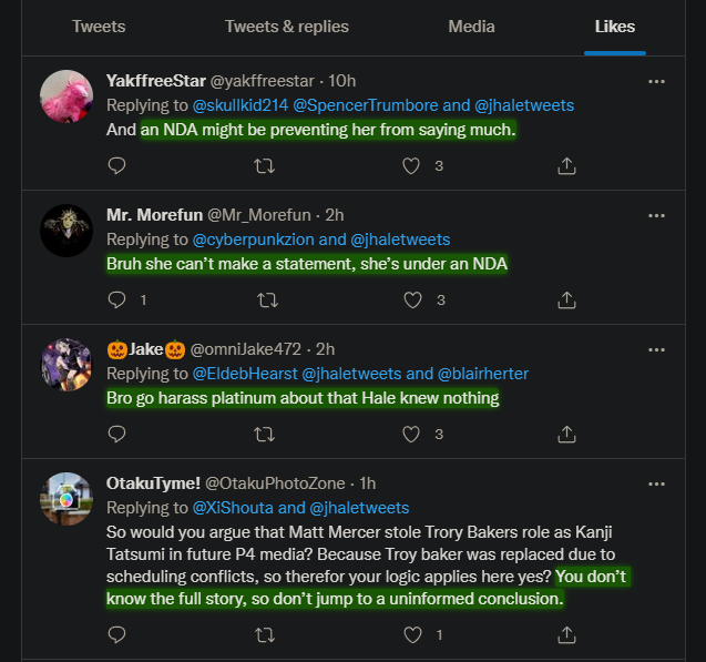 YongYea's tweet photo. Tweets Jennifer Hale has been liking recently suggest she was not informed about Hellena's situation before she took on the role of Bayonetta and that NDAs might be preventing her from saying anything. Direct your frustrations at the companies and decision makers. https://t.co/ItXzqDmOge