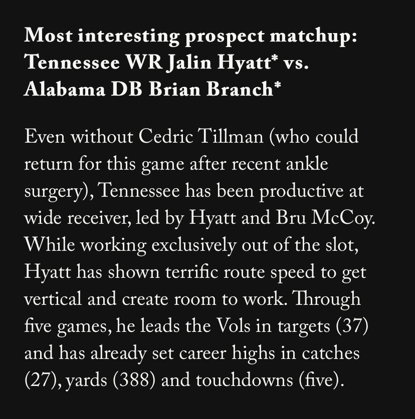 In last week’s NFL Draft Watch, I wrote that Jalin Hyatt vs. Brian Branch was the most interesting NFL prospect match-up in the game. Branch didn’t cover him the entire game, but Hyatt absolutely delivered: 6 catches, 207 yds, 5 TDs vs. Alabama. 📈📈📈