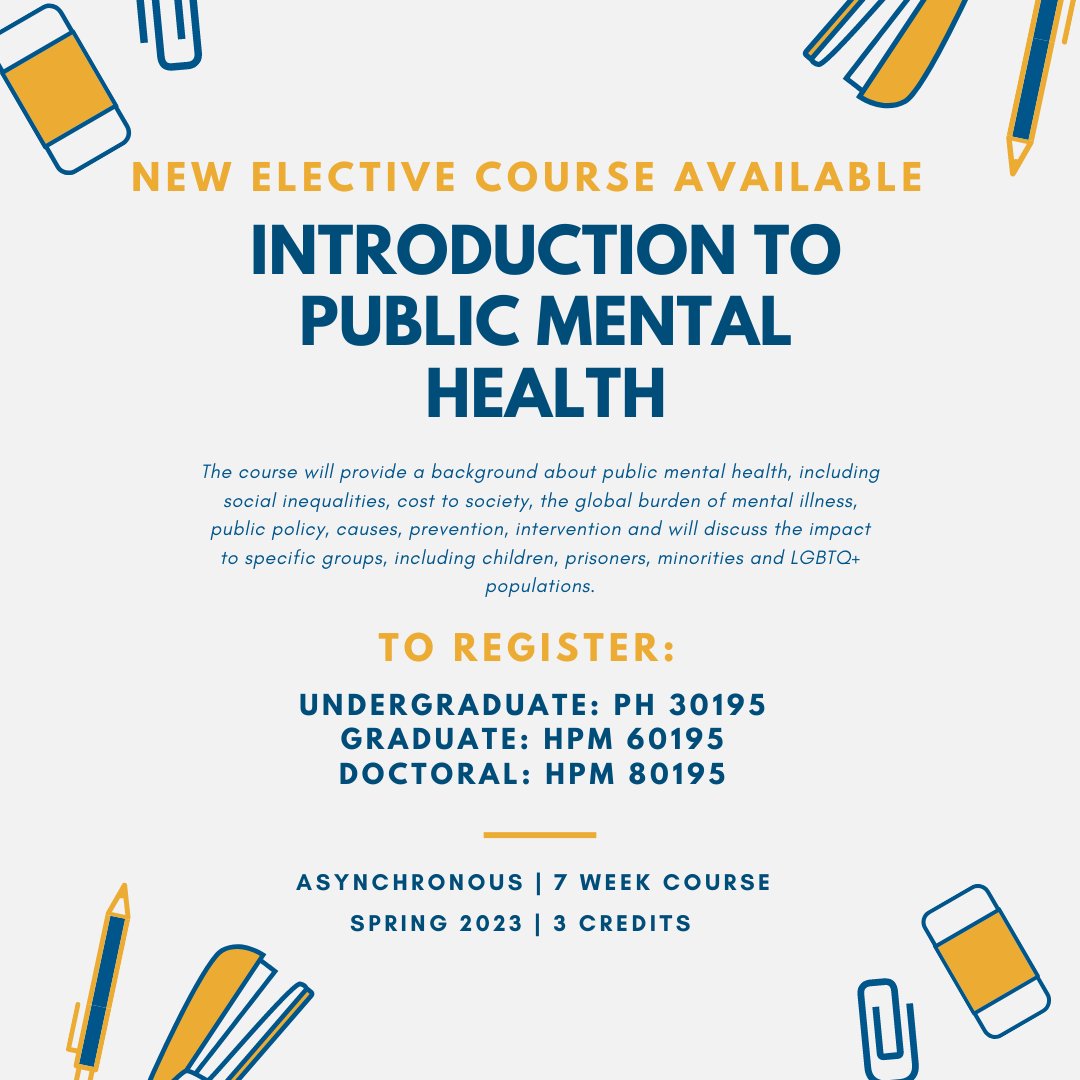 kentstatecpph's tweet photo. Looking for a new, exciting course to take this spring? Look no further!
The College of Public Health is offering a new course; Introduction to Public Mental Health.
#kentstate #kentcpph #kenthealth #kentclass https://t.co/dubncanymE
