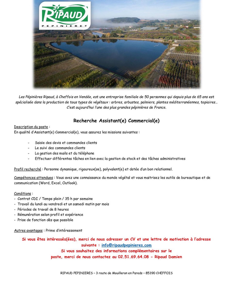 RipaudPepiniere's tweet photo. La pépinière #ripaud recrute plusieurs profils en comptabilité, commercial, conseil-vente… Rejoignez l’une des plus grandes pépinières de France située en #vendée ! #recrutement #emploi #cheffois #végétal #ripaudpepinieres @ccivendee https://t.co/L1xwPuC90q