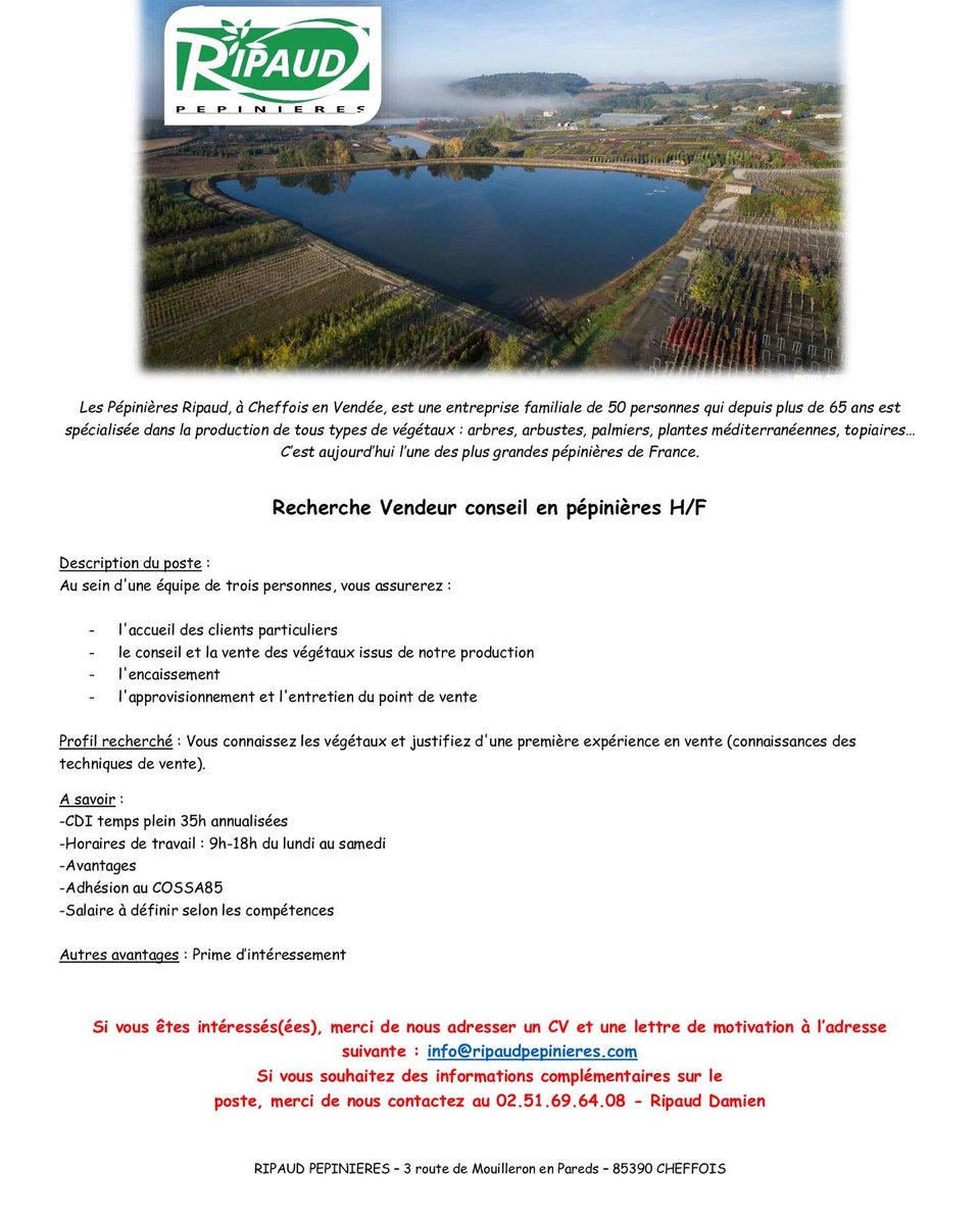 RipaudPepiniere's tweet photo. La pépinière #ripaud recrute plusieurs profils en comptabilité, commercial, conseil-vente… Rejoignez l’une des plus grandes pépinières de France située en #vendée ! #recrutement #emploi #cheffois #végétal #ripaudpepinieres @ccivendee https://t.co/L1xwPuC90q