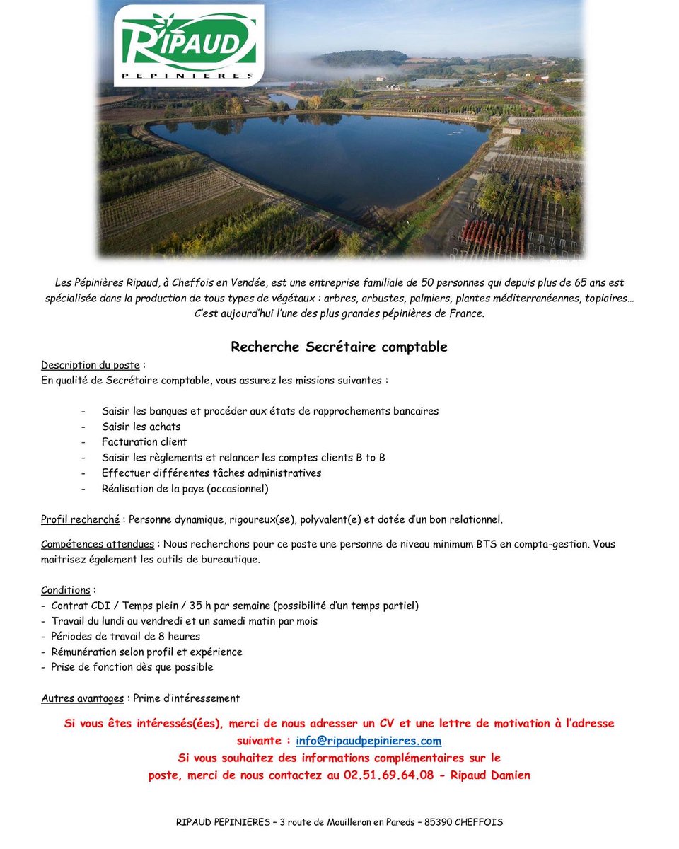 RipaudPepiniere's tweet photo. La pépinière #ripaud recrute plusieurs profils en comptabilité, commercial, conseil-vente… Rejoignez l’une des plus grandes pépinières de France située en #vendée ! #recrutement #emploi #cheffois #végétal #ripaudpepinieres @ccivendee https://t.co/L1xwPuC90q