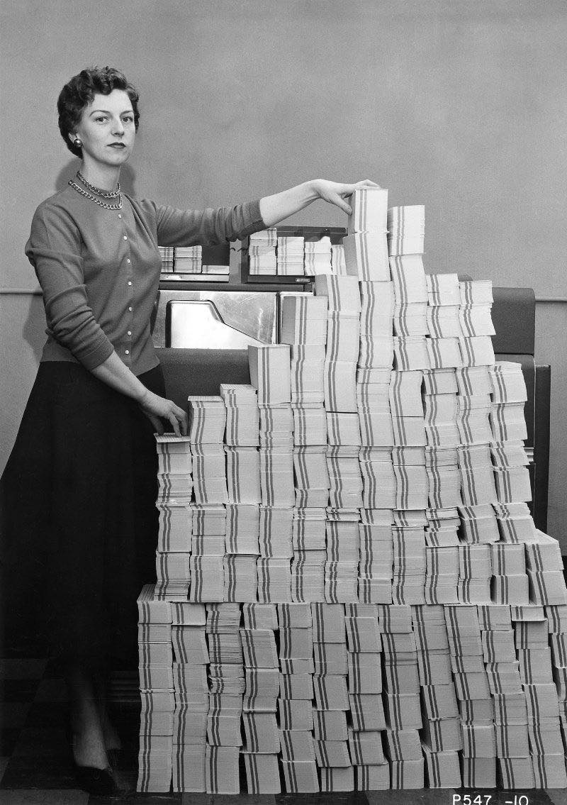 What 5 megabytes of computer data looked like in 1966: 62,500 punched cards, taking four days to load. Via @HistoricPhotographs