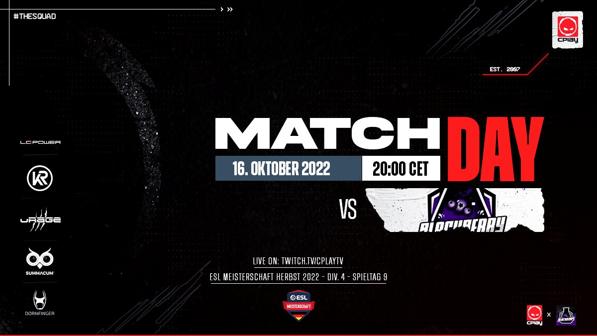 [#CSGO] 

Letztes Spiel in der #ESLMeisterschaft 🔥🔥
Gegen @FruchtlaborCSGO 'Blackberry' heißt es heute, den Thron in der Div. 4 zu verteidigen💪 
Glhf &amp; nicht den Cast verpassen!😎

🕗20:00 Uhr
📺twitch.tv/cplaytv

<a href="/Flowne4/">flowne</a> <a href="/akazaro/">Akazaro</a> <a href="/Chronic_csgo/">Chronic</a> <a href="/h1p_cs/">h1p</a> 
#THESQUAD
