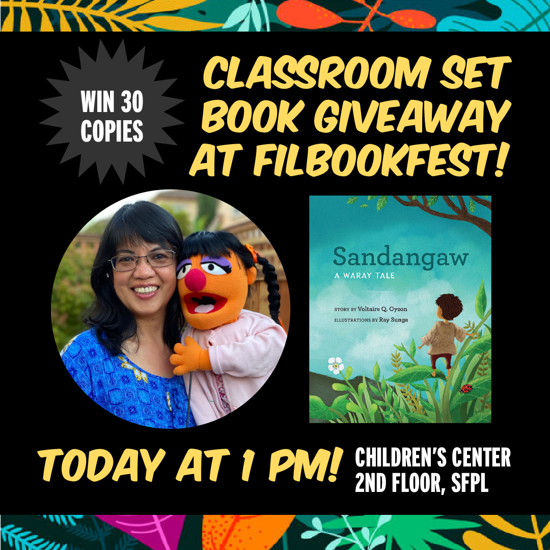 SariSariStories's tweet photo. TODAY at @FilBookFestival! Giving away books books books 📚📚📚 . Also, SLIME. Come to the 2nd floor at @sfpubliclibrary for prizes + readings.

📚 1 PM - Tita Cyra and Fae raffling off a classroom set of SANDANGAW: A WARAY TALE. Win 30 copies! https://t.co/eJF83dz312