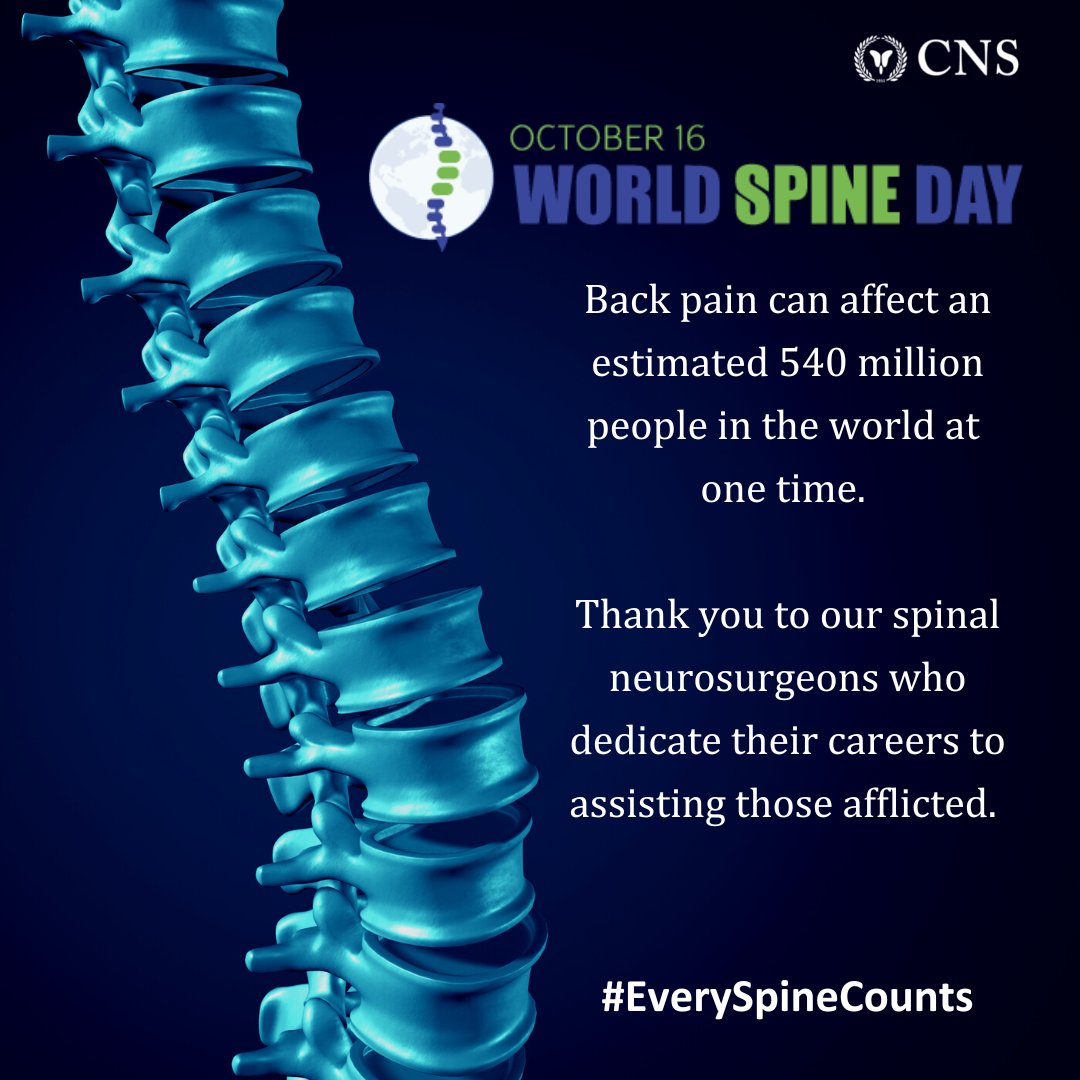 Today is #WorldSpineDay. The CNS acknowledges the diversity of spinal pain and the challenges of living with back pain. We appreciate all #neurosurgeons who specialize in spinal complications and thank them for their work. Shout out your fellow spine surgeons! 
#EverySpineCounts