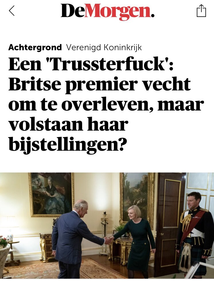 SaraMORIScot's tweet photo. Belgian press comes up with a wonderful new term to describe the current state of the UK government - #Trussterfuck - LOVE IT! #TrussMustGo https://t.co/ycl6T3cfsx