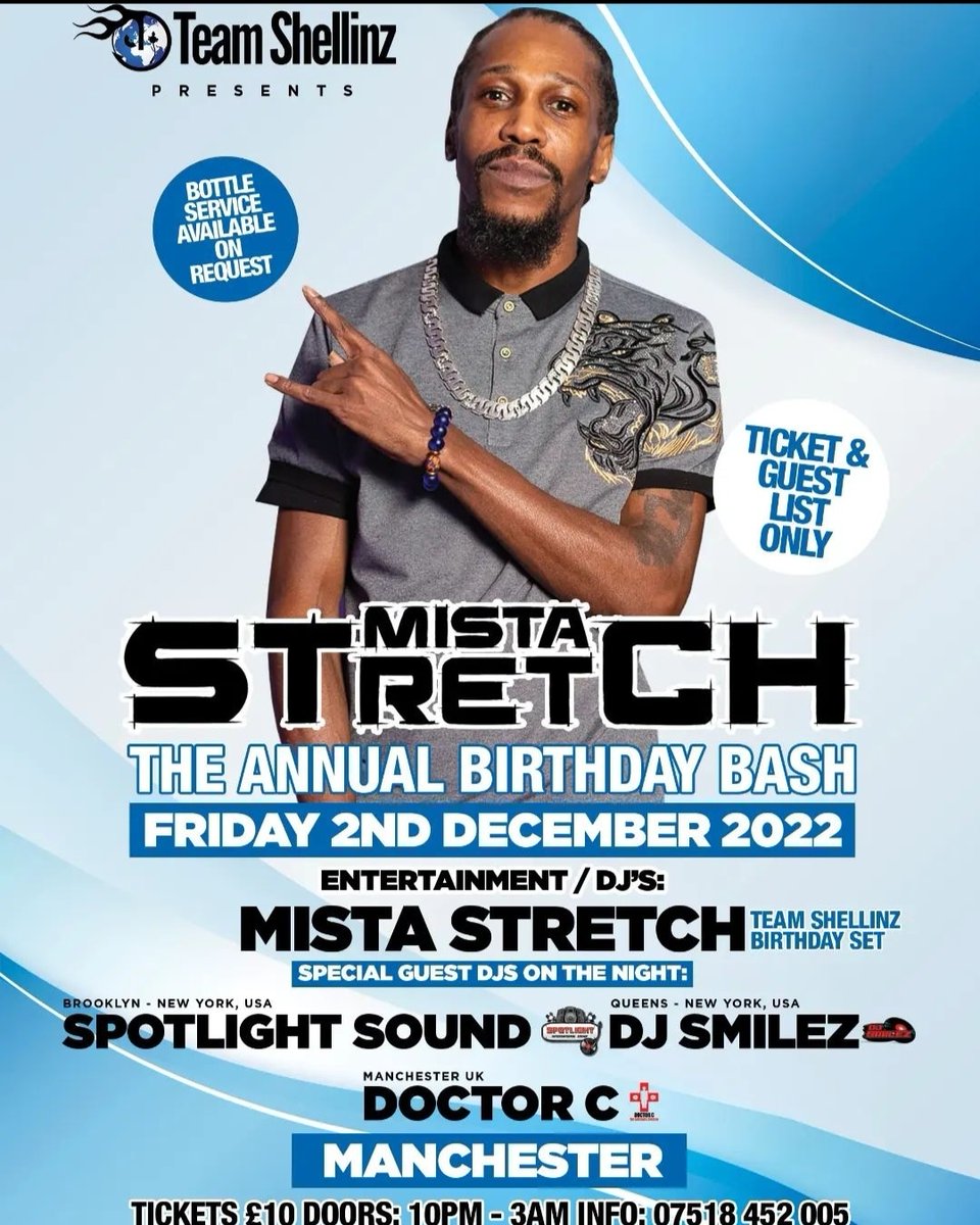 BabyGirlRayRay's tweet photo. 👀👀 whose ready to vibe out+celebrate @TeamShellinzUK @MistaStretchUK birthday with line up frm @_SPOTLIGHTSOUND #djsmilez @Doc_Tor_Cee +set frm #birthdayboy himself 🎉
#TeamShellinz #MistaStretch #spotlightSounds #DoctorC #birthday #birthdaycelebration #celebration #Manchester https://t.co/wFf6JH6Brc
