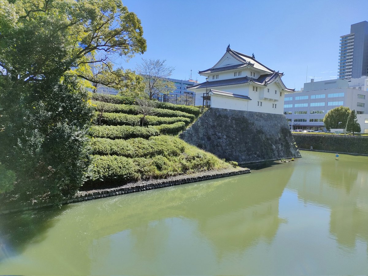 adviseryuki's tweet photo. 駿府城公園のお堀からみた坤（ひつじさる）櫓。
秋らしい澄んだ空が綺麗でした。そして、堀の水が抹茶のようにみえて、飲んじゃおうかと思……うわけないですが、ちょっとびっくりしました。 https://t.co/3QQL5UM7iX